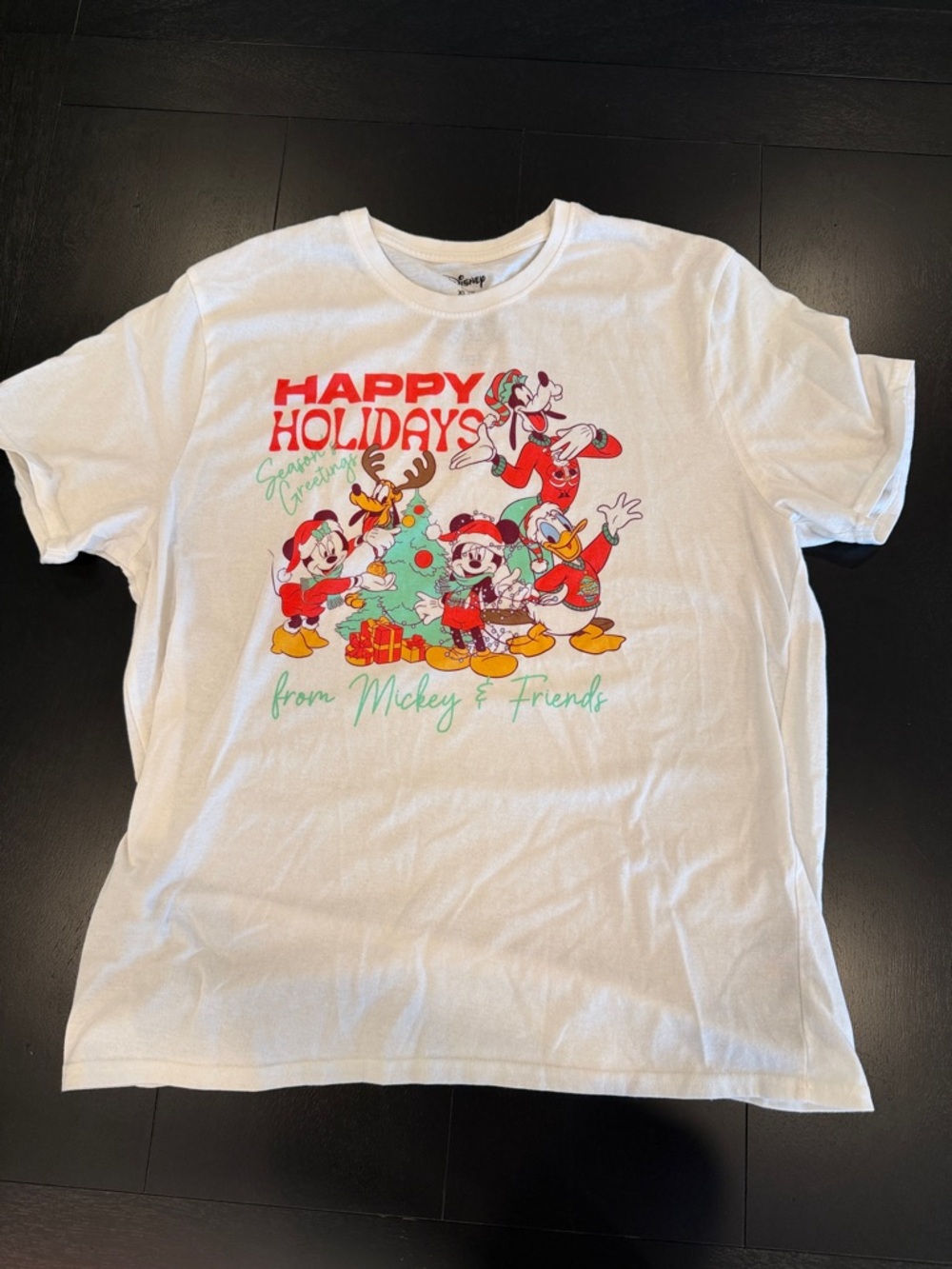 Disney White Holiday Mickey & Friends Graphic Tee with Red and Green Accents